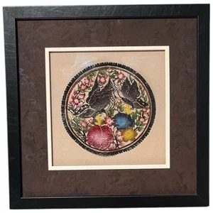Vintage Chinese Round Silk Embroidery Floral Picture Matted & Framed Square 20" - Picture 1 of 7