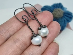 BOXED Genuine Pandora Hoops &  White Pearl CZ Drop Earrings Oxidised 💕 RARE  - Picture 1 of 8