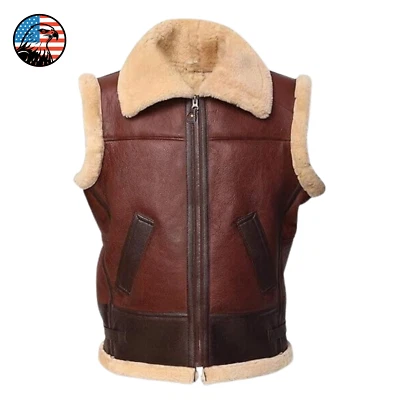 Men's Brown Aviator B3 Shearling Bomber Leather Vest Genuine Sheepskin Faux Fur - Image 1 of 4