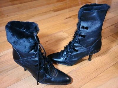 New STEVE MADDEN Lollita Black Leather Faux Fur High Heel Boots Size 8.  - Image 1 of 4