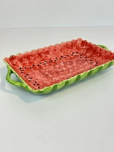 Vtg Ceramic Watermelon Serving Tray Late 20th Century Hand Painted 16x2.5" - Picture 1 of 22