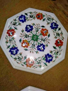 White Marble Coffee Table Top, Marble Inlay Floral Art Side Table Top, Interior - Picture 1 of 12