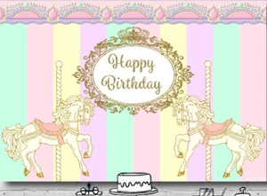 CAROUSEL HORSE MERRY GO ROUND PINK YELLOW GREEN BIRTHDAY PARTY BANNER BACKDROP - Picture 1 of 4