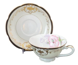 Vintage Trimont Ware Gold Gilt black & pink Occupied Japan Teacup & Saucer - Picture 1 of 21