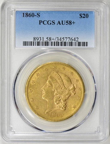 1860-S $20 PRIZED CIVIL WAR TYPE 1 PCGS AU-58+ Gold Liberty EXTRA RARE! Cover