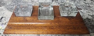 Antique 19th Century English Oak & Crystal Inkwell Set – Victorian Desk Accessor - Picture 1 of 6