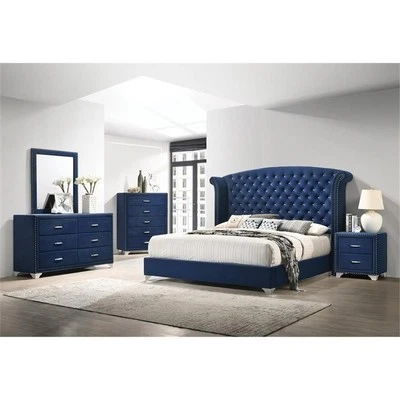 Coaster 4-Piece Contemporary Velvet California King Bedroom Set in Blue - Image 1 of 4