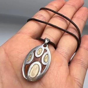 Rare Vintage Leather Necklace With Pendant Oval Cord Brown Sterling 925 Enamel - Picture 1 of 8