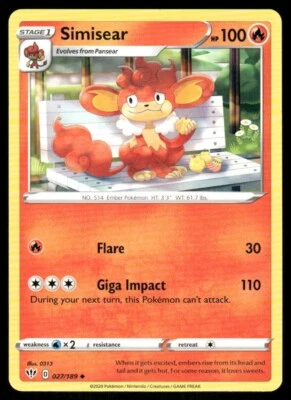 Simisear 027/189 Darkness Ablaze Pokemon TCG trading card - Image 1 of 2