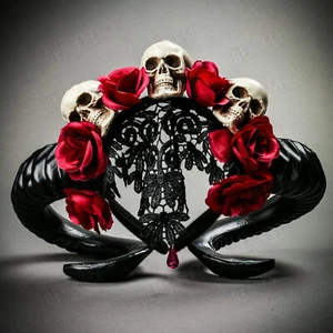 Gothic Demon Halloween Skull Horn Headband with Lace Cape - Black - Picture 1 of 6
