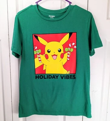 Old Navy Pikachu Pokemon Holiday Vibes Christmas T-Shirt Boys 14-16 Green - Image 1 of 4