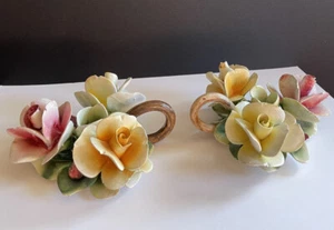Pair Capodimonte 3 rose Flower Floral Per taper candle holder Crown Marked - Picture 1 of 6
