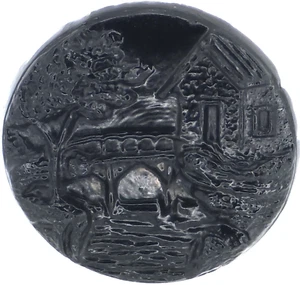 C1860 Antiguo Victoriano Vidrio Negro Piedra Cabaña Puente Botón Imagen 0.75" - Imagen 1 de 3