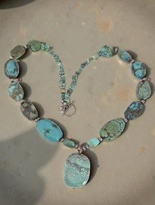STERLING SILVER TUMBLED & CHIP NATURAL TURQUOISE 18.75" NECKLACE 69.5 GRAM #7973 - Picture 1 of 7