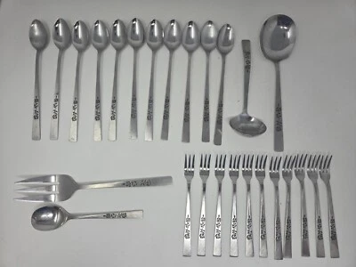 26 Vtg Oxford Hall OXH3 Stainless Teaspoons Forks Rose Flower Japan Flatware - Image 1 of 4