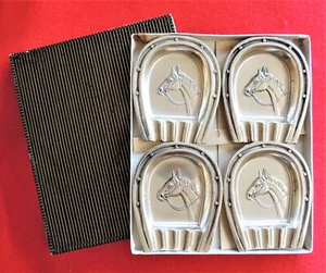 Vintage 4pc Horse Head Horseshoe Metal Ashtray Set Original Box 2-7/8" x 3-3/8" - Picture 1 of 6