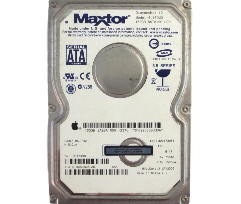 Maxtor 6L160M0 BACE1GE0 (K,M,C,A) L31X China 160gb 3.5" Sata HDD 31MAY2006 - Image 1 of 1
