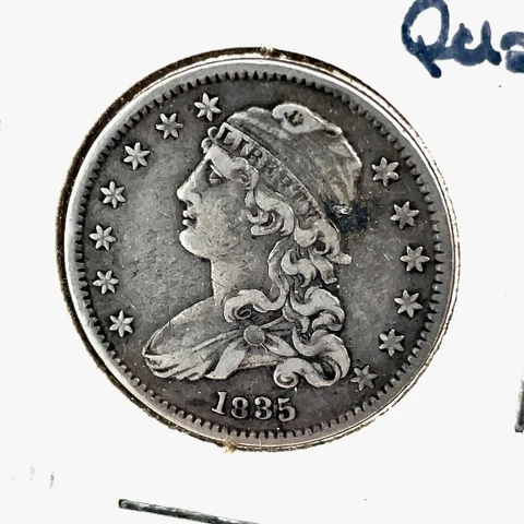 1835 Cupped Bust Liberty Quarter 25C Silver U.S Coin VF/XF - Rare Cover