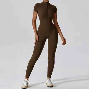 Yoga Set Women's Jumpsuits One-Piece Suit Zipper Short Sleeve Gym Clothes - Picture 1 of 28