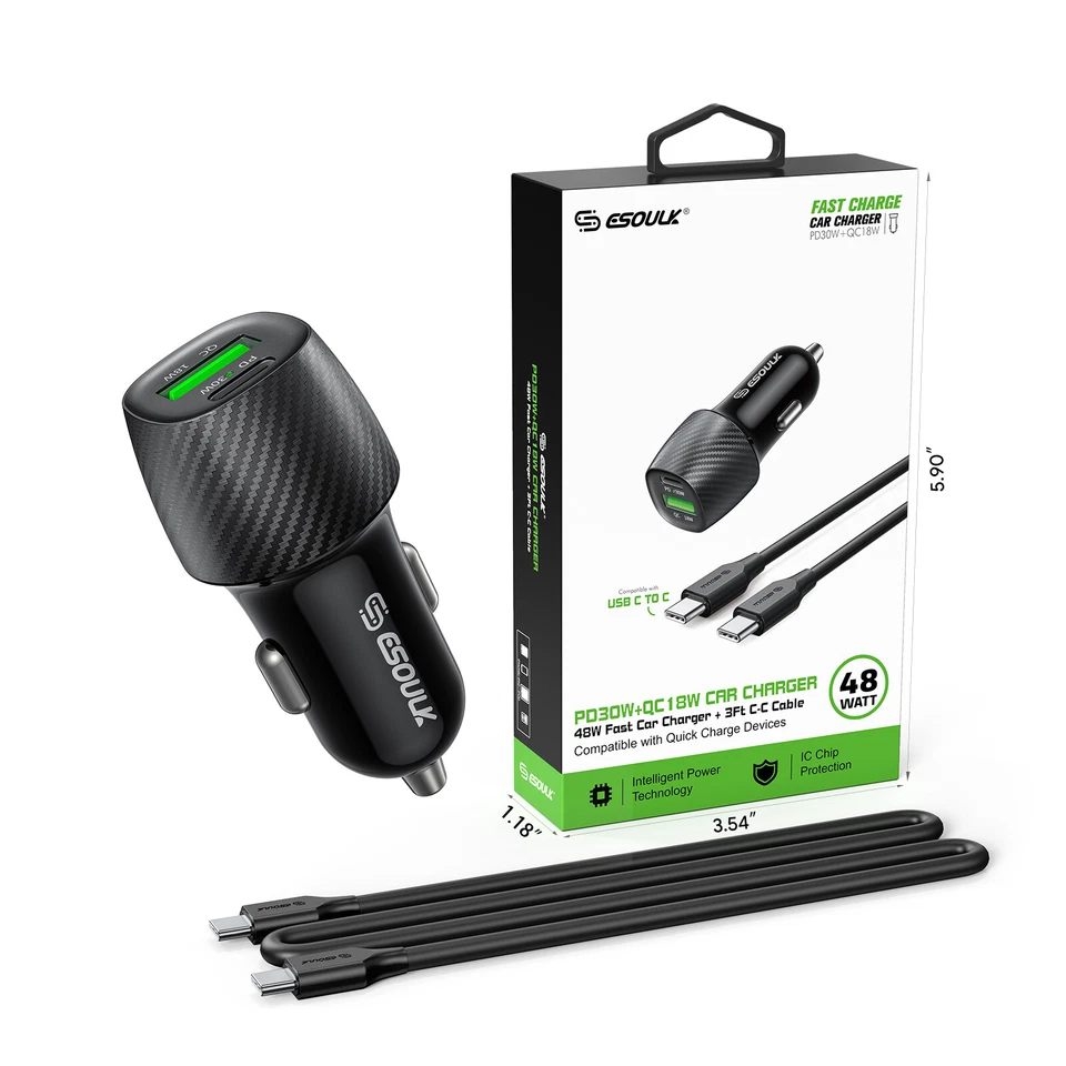 48W Fast Quick CAR Charger USB Type C With Type C to C Cable For Phone Tablet - Image 1 of 1