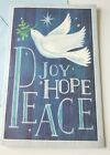 Christmas Card Joy Hope Peace Glittery White Dove Star Snowflakes on Blue