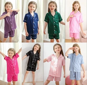 4-14Y Kids Girls Boys Silk Satin Pajamas Pyjamas Kids Sleepwear Sets Nightwear - Picture 1 of 23