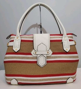 ERIC JAVITS Raffia Woven Tote Shoulder bag Brown Red White Gold Leather Trim - Picture 1 of 20