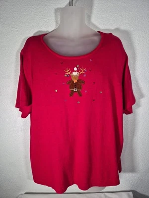 Vtg Quacker Factory Red Pull Over Reindeer Christmas Sweater Sz 2X Short-Sleeve - Image 1 of 4