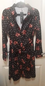 Black Floral Pattern Button Up Front Dress With Collar And Belt Size 10 - Picture 1 of 4