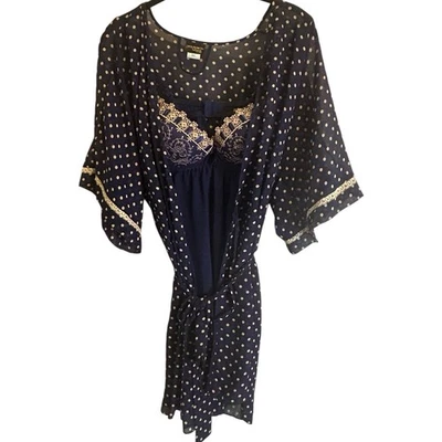 Seductive Wear Babydoll Nightie Robe Set M Sheer Navy Blue Peach Polka Dot Lace - Image 1 of 4