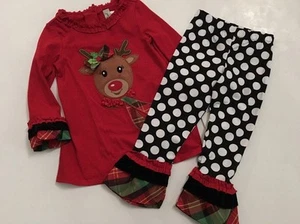 Rare Too Girls Dress Tunic Top Leggings Set Size 4T Christmas Reindeer Polka Dot - Picture 1 of 3
