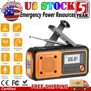 Emergency Solar Hand Crank Weather Radio 5200mAh Power Bank Charger Flash Light - Picture 1 of 8
