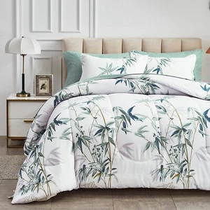 6 Pieces Bed in a Bag Twin Comforter Set with Sheets, Green Leaves on White B... - Picture 1 of 7