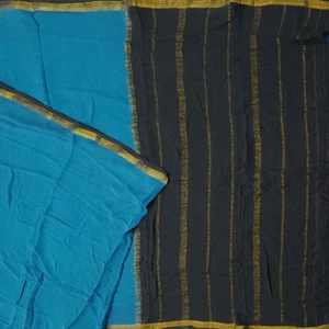 Tela artesanal vintage sari tejida 6 yardas 100 % pura Mysore crepe seda Zari saris azules - Imagen 1 de 6