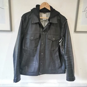 Gap x GQ x En Noir Black Waxed Denim Hooded Leather Jacket Size XL Rare - Picture 1 of 11