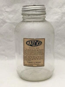 Vintage Large 8.5" Jar w Paper Label WATER GLASS Roger A Pilson New Windsor MD - Picture 1 of 8