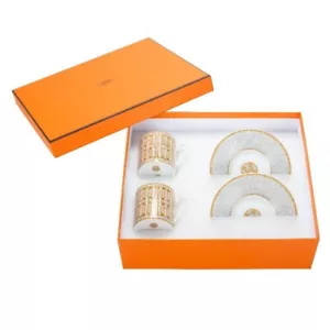 Hermes Mosaique Au 24 Pair of Demitasse Cup & Saucer gold espresso coffee w/Box - Picture 1 of 10