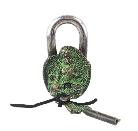 Tibetan Deity Tara Design Padlock Victorian Style Solid Brass Padlock w/ 2 Keys Cover