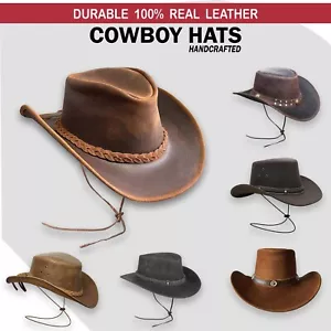 Real Leather Cowboy Hat Mens Vintage Chinstrap Australian Western Style Bush Hat - Picture 1 of 89