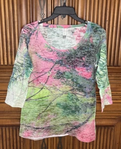 Whimsy Rose Sundance Womens Top Medium Pink Green Burnout Tropical Vacation - Picture 1 of 12