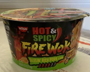 Nissin Hot & Spicy Fire Wok Sizzlin Pork Flavor Noodle soup 6 Pack 4.37 oz bowls - Picture 1 of 5