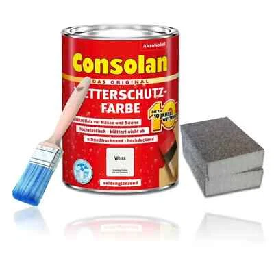 Consolan Wetterschutzfarbe 2,5 l Weiß Holzschutz Schleifen Pinsel Set - Bild 1 von 4
