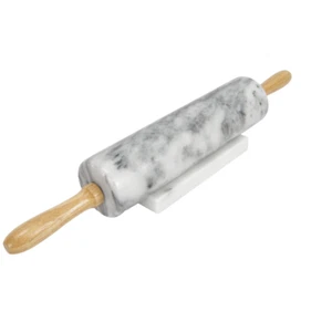 Marble 18" Rolling Pin Set 10" Roller Wooden Handles & Marble Holder Cradle GC - Picture 1 of 7