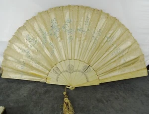 HAND PAINTED 19c SILK LEAF FOLDING HAND FAN CARVED BONE IN BOX - FOR REPAIR - Picture 1 of 24