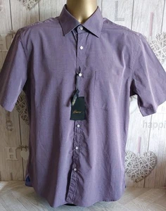 Brioni Italy Men's L 16" R Purple Short Sleeve 100% Cotton Designer Dress Shirt - Imagen 1 de 10