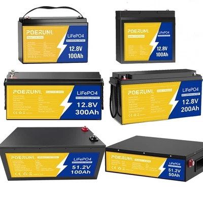 POERUNI LiFePO4 Battery 12V 100Ah/200Ah/300Ah 48V 50Ah/100Ah BMS for Solar RV Off-Grid