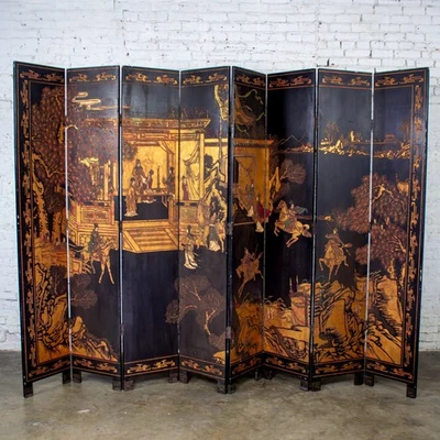 Китайский 8-панельный черный коромандельный складной экран с позолотой и ручной росписью Intaglio - Изображение 1 из 4