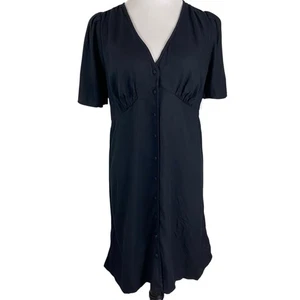 Old Navy Womens Mini Dress Size Large Crepe Solid Button Down Black V-Neck - Picture 1 of 11