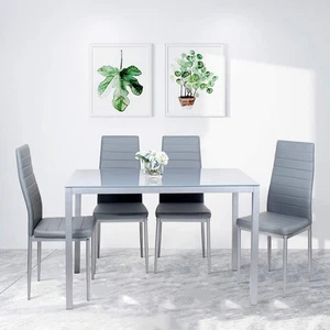 Modern Grey Glass Dining Table & 4 High Back Faux Leather Chairs Set - Picture 1 of 12