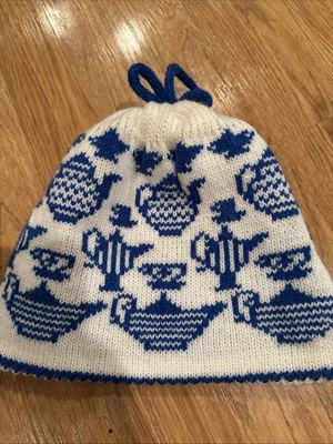 Tetera de ganchillo acogedora cubierta de té té acogedor calentador de té azul con teteras Foto 1 de 4